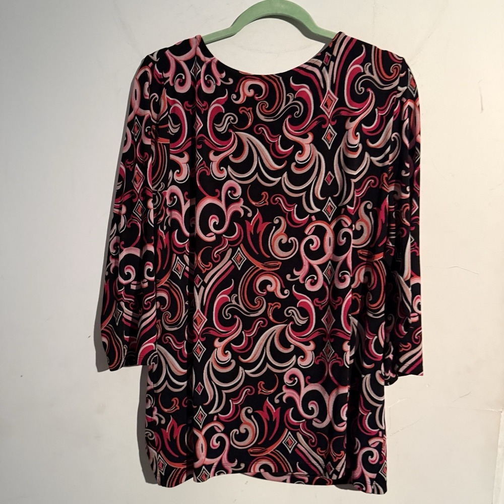 Chicos Travelers Size 3/16 Top Slinky Stretchy Travel Resort Tropical 3/4 Sleeve - Picture 4 of 4